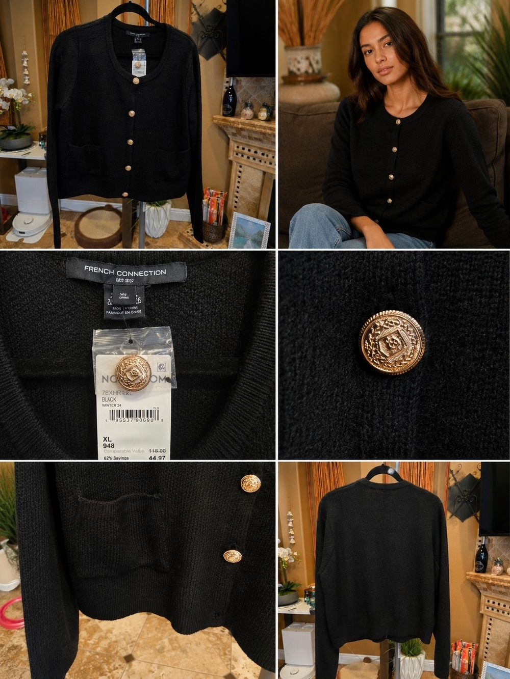 French Connection Black Cardigan with Gold Medallion Buttons, NWT, Size XL
